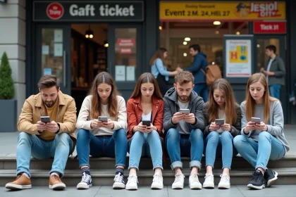 Groupe de jeunes adultes sur les marches d'un lieu de festival