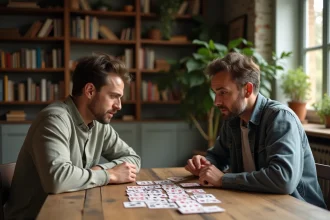 Deux adultes concentrés jouant à la Crapette autour d'une table en bois avec des cartes disposées en colonnes