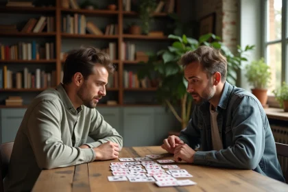 Deux adultes concentrés jouant à la Crapette autour d'une table en bois avec des cartes disposées en colonnes