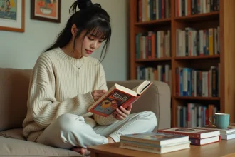 Jeune femme lisant un manhwa dans un appartement cosy entouré de bibliothèques remplies de mangas et romans graphiques