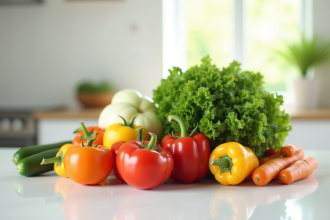 Légumes frais sur plan de travail blanc lumineux