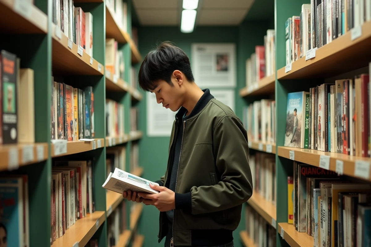 Homme parcourant des volumes de manhwa dans une librairie indépendante spécialisée en bandes dessinées coréennes