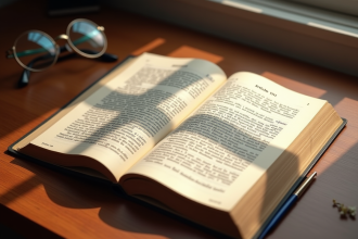 Livre de droit français ouvert sur un bureau en bois avec lunettes et stylo