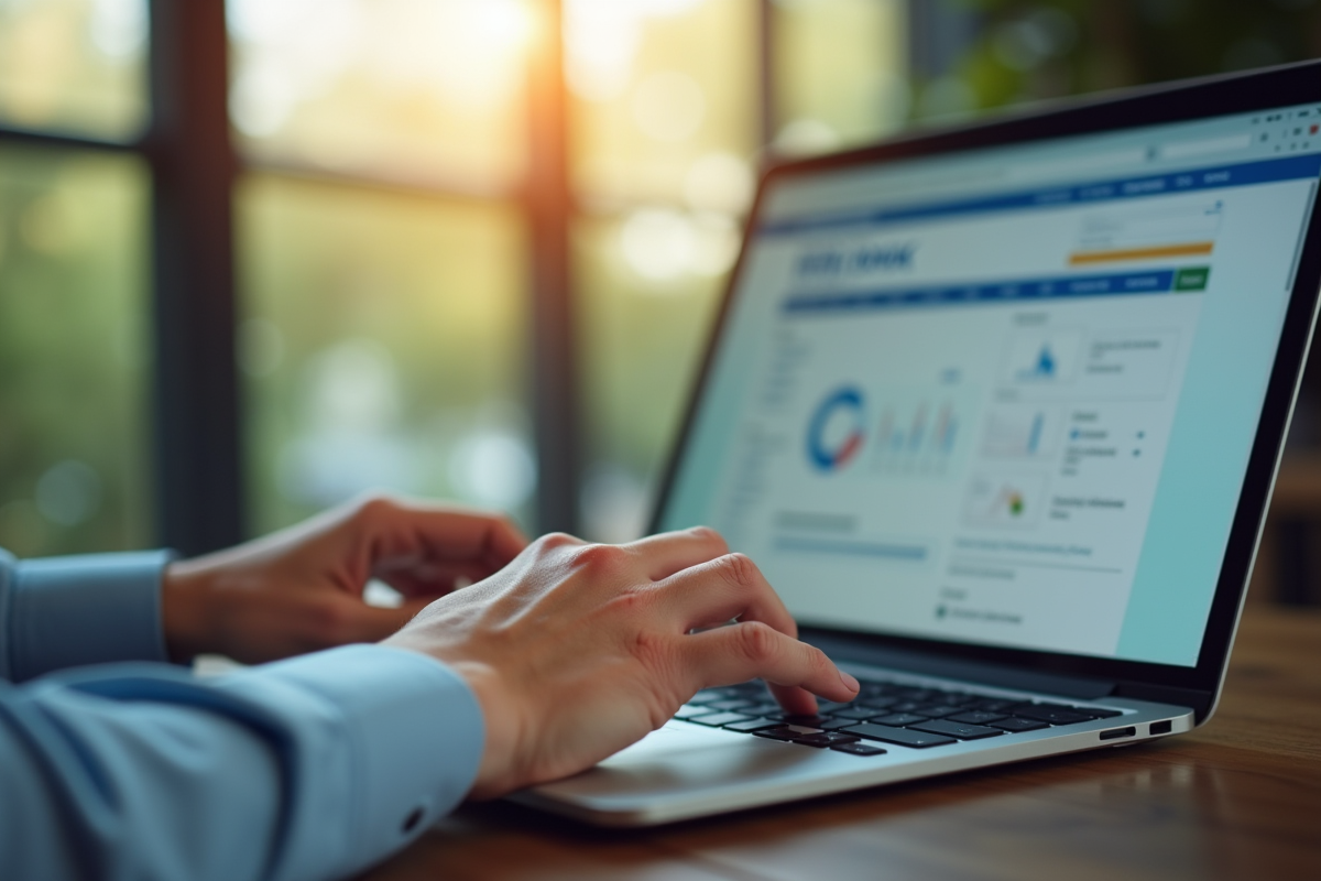 Zoom sur mains naviguant sur un site bancaire en ligne sur un ordinateur