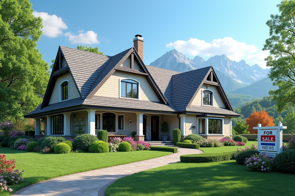 Belle maison avec jardin bien entretenu et panneau a vendre devant