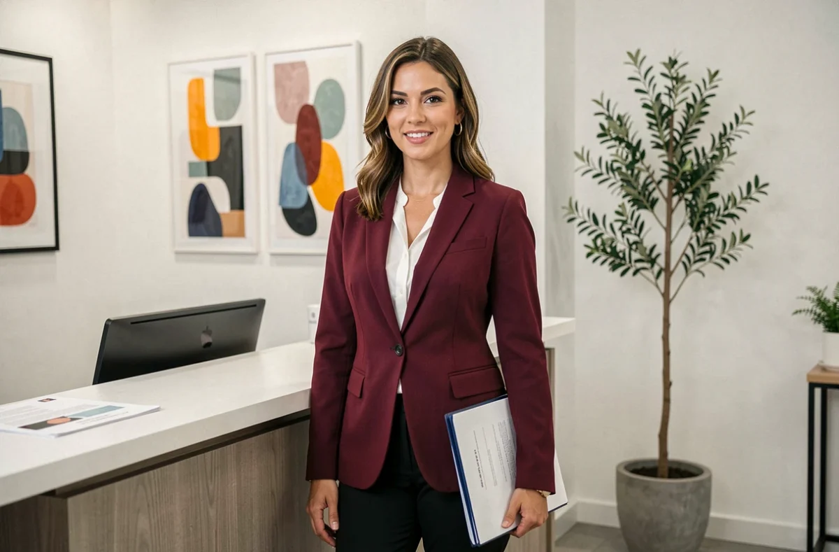 Maître Amanda Soto, avocate, dans le hall moderne de son cabinet à Nice avec une posture assurée