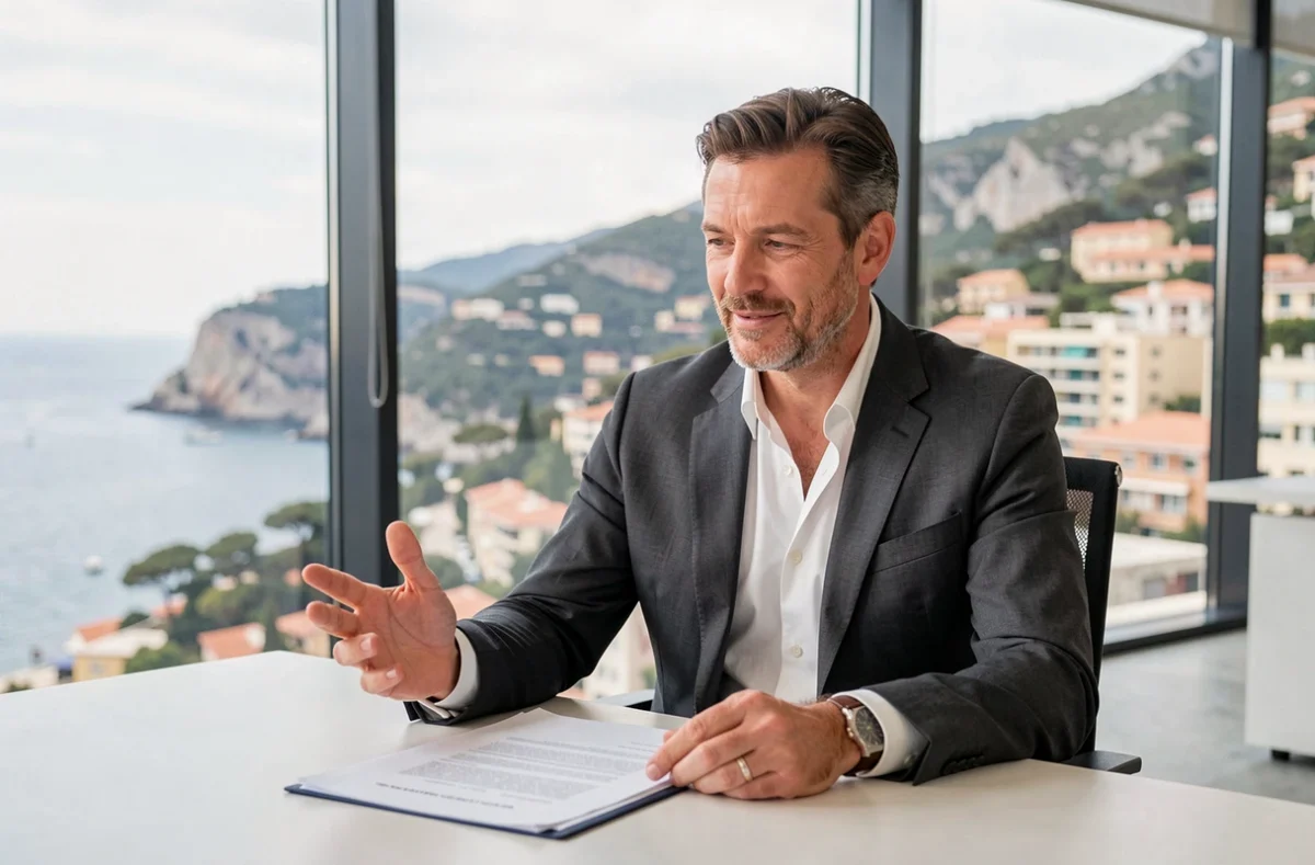 Maître Gregory Damy dans son cabinet moderne avec vue sur la Côte d'Azur, expliquant une stratégie juridique