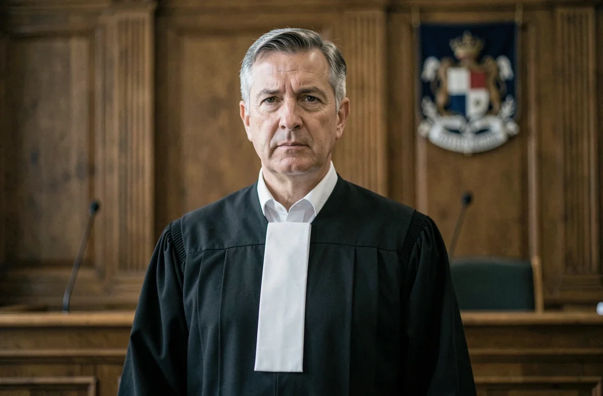 Maître Philippe Camps en robe d'avocat devant une salle d'audience en bois