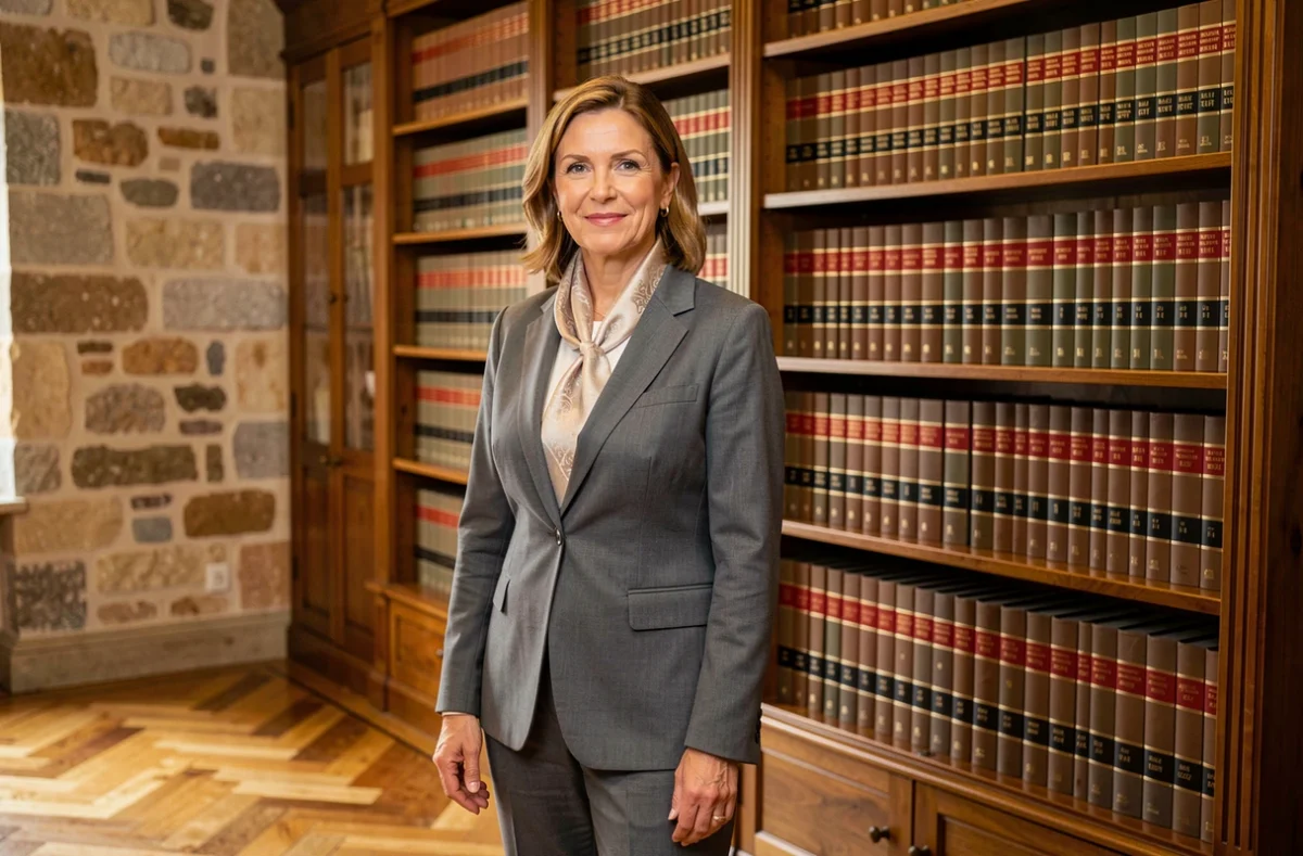 Maître Rim Trifi, avocate, debout dans son cabinet classique avec bibliothèque juridique à Antibes