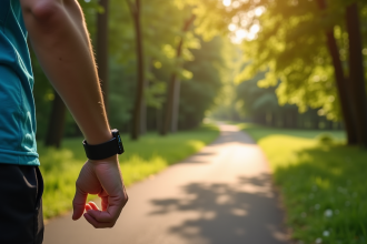 Personne marchant dans un parc ensoleille avec un tracker d'activité
