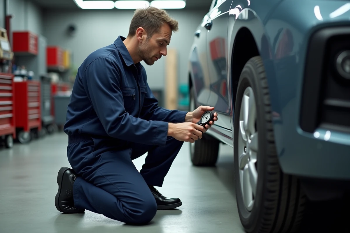 Mécanicien vérifiant la pression des pneus d'une voiture en garage