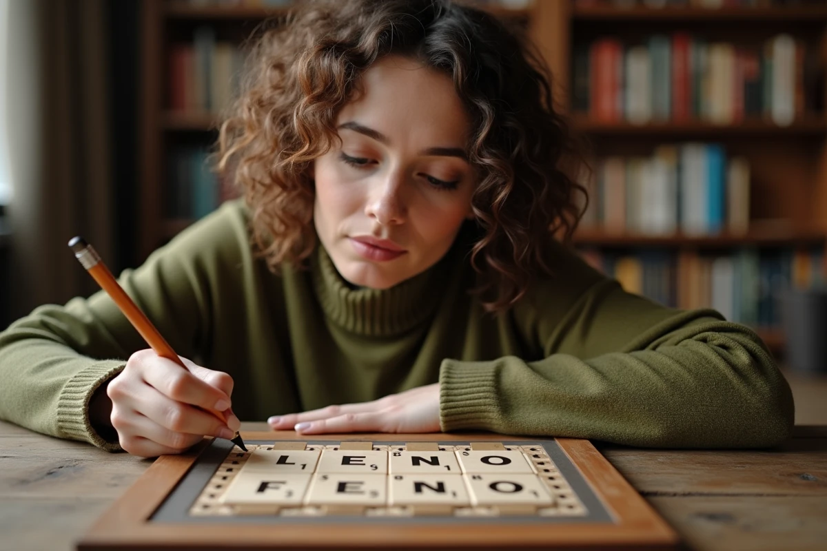 Femme résolvant un mots croisés avec la solution RENO disposée sur un plateau de jeu en bois