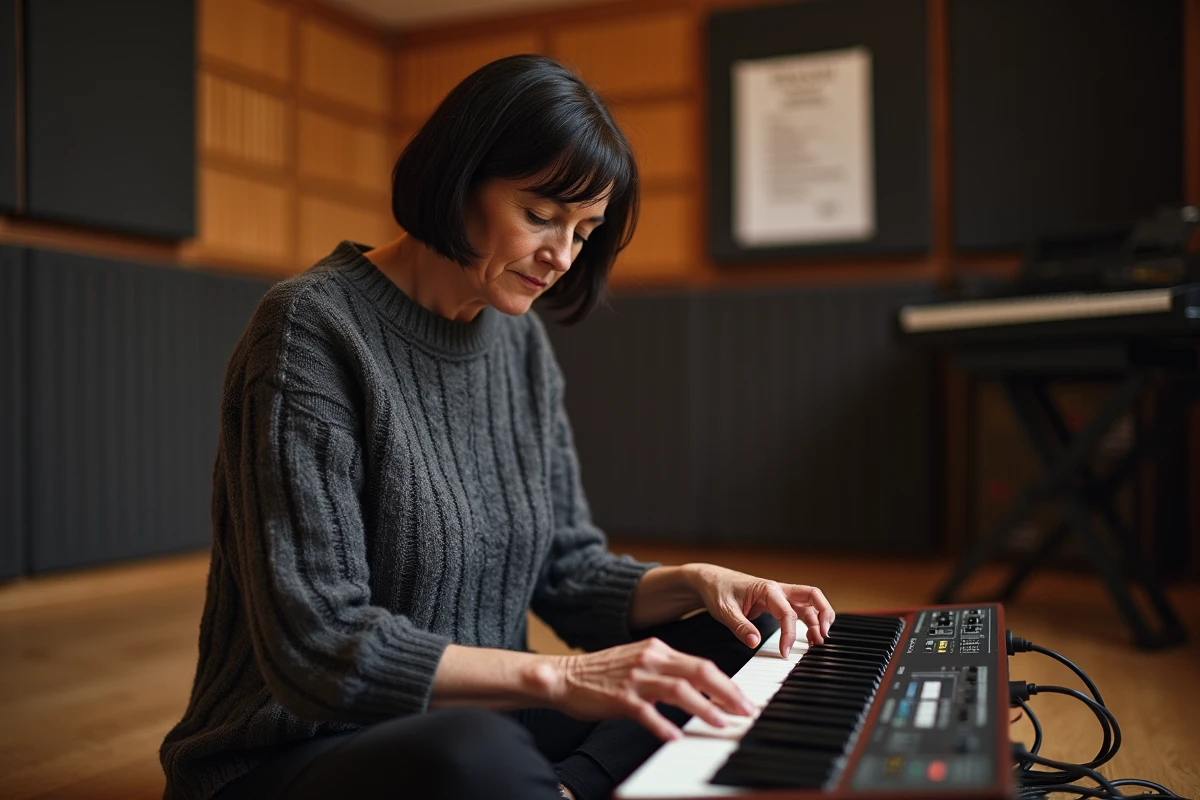 Artiste féminine jouant du synthétiseur dans une salle de répétition, référence à l'univers musical de Niagara