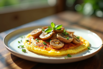 Omelette garnie de chanterelles dorées et herbes fraîches