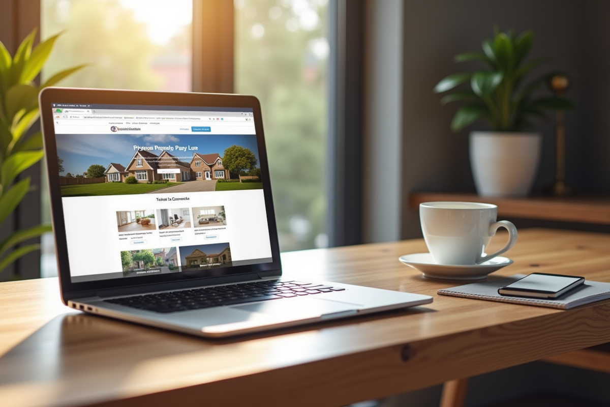 Ordinateur portable sur un bureau en bois avec site immobilier et tasse de café