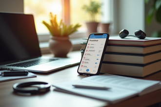 Bureau moderne avec ordinateur portable et dictionnaires pour traduction