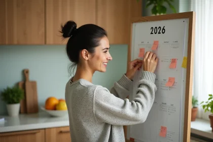 Mère de famille organisant un calendrier mural 2026 dans une cuisine familiale chaleureuse