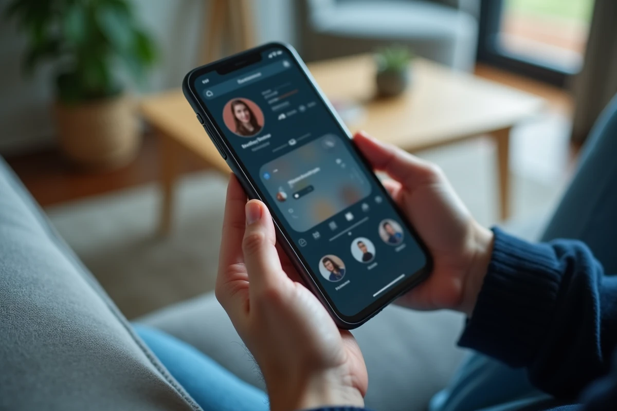 Mains tenant un smartphone affichant un outil de visualisation anonyme de stories Instagram sur navigateur mobile
