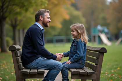 Père et fille assis sur un banc dans un parc en automne