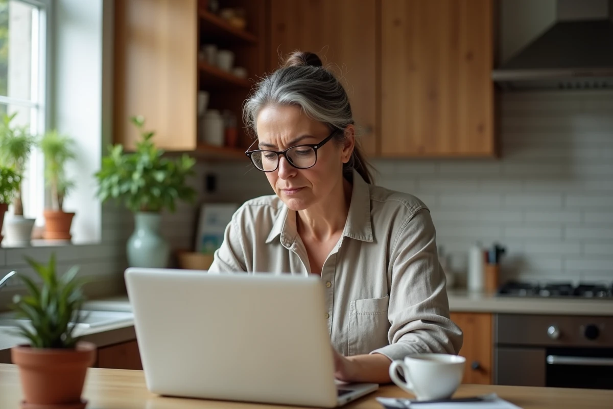 Mère inquiète examinant le contenu en ligne sur un ordinateur portable dans sa cuisine, symbolisant les préoccupations parentales face aux fuites de contenu sur TikTok et MYM