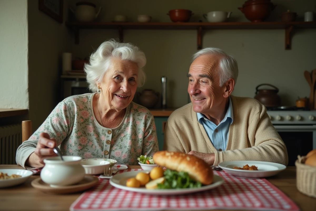 Un couple de parents âgés partageant un repas dans une cuisine de maison provençale, symbolisant les origines familiales modestes et chaleureuses
