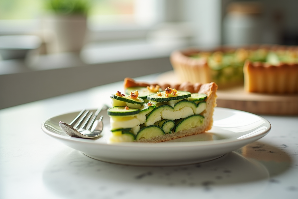 Une tranche de tarte courgette et chèvre sur une assiette blanche