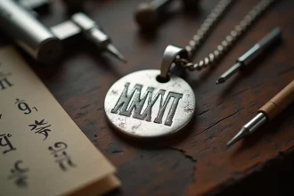 Pendentif en argent gravé de chiffres romains MMXXIII posé sur un établi de bijoutier avec des outils de gravure