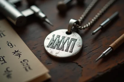 Pendentif en argent gravé de chiffres romains MMXXIII posé sur un établi de bijoutier avec des outils de gravure