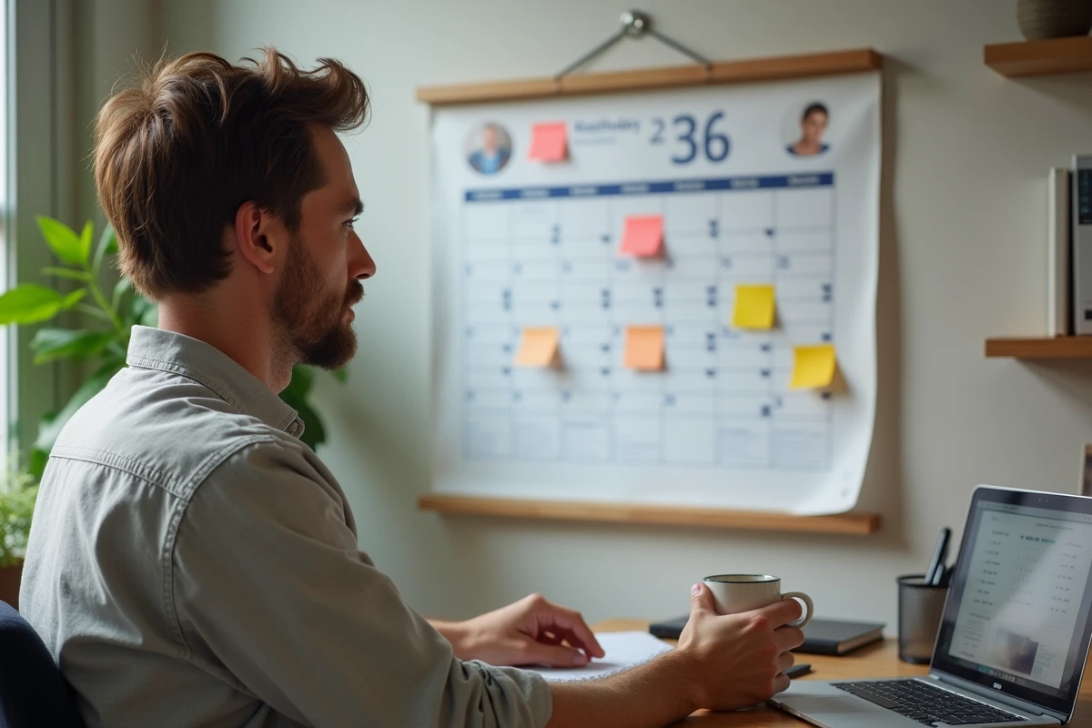 Père de famille consultant un calendrier mural imprimé 2026 dans son bureau à domicile pour organiser les activités familiales