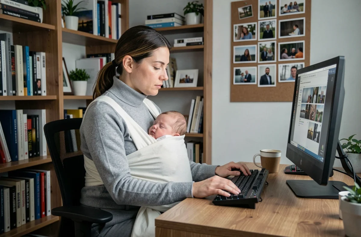 Femme photographe travaillant à son bureau à domicile sur des retouches photo avec son nourrisson endormi dans un porte-bébé, illustrant l'équilibre entre maternité et carrière