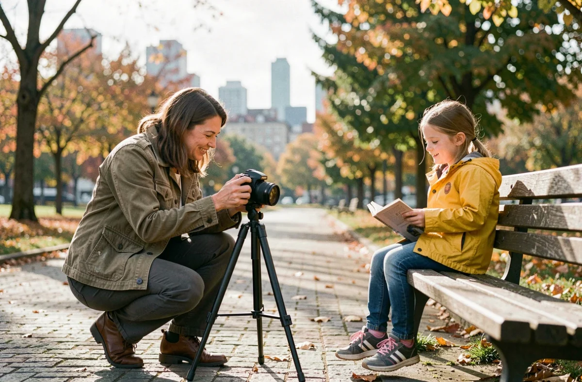 Femme photographe en extérieur dans un parc urbain automnal réglant son appareil photo sur trépied pendant que sa fille lit sur un banc