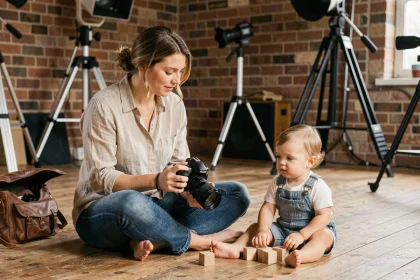 Photographe professionnelle assise sur le sol de son studio avec son appareil photo, son enfant en bas âge jouant à ses côtés parmi le matériel photographique
