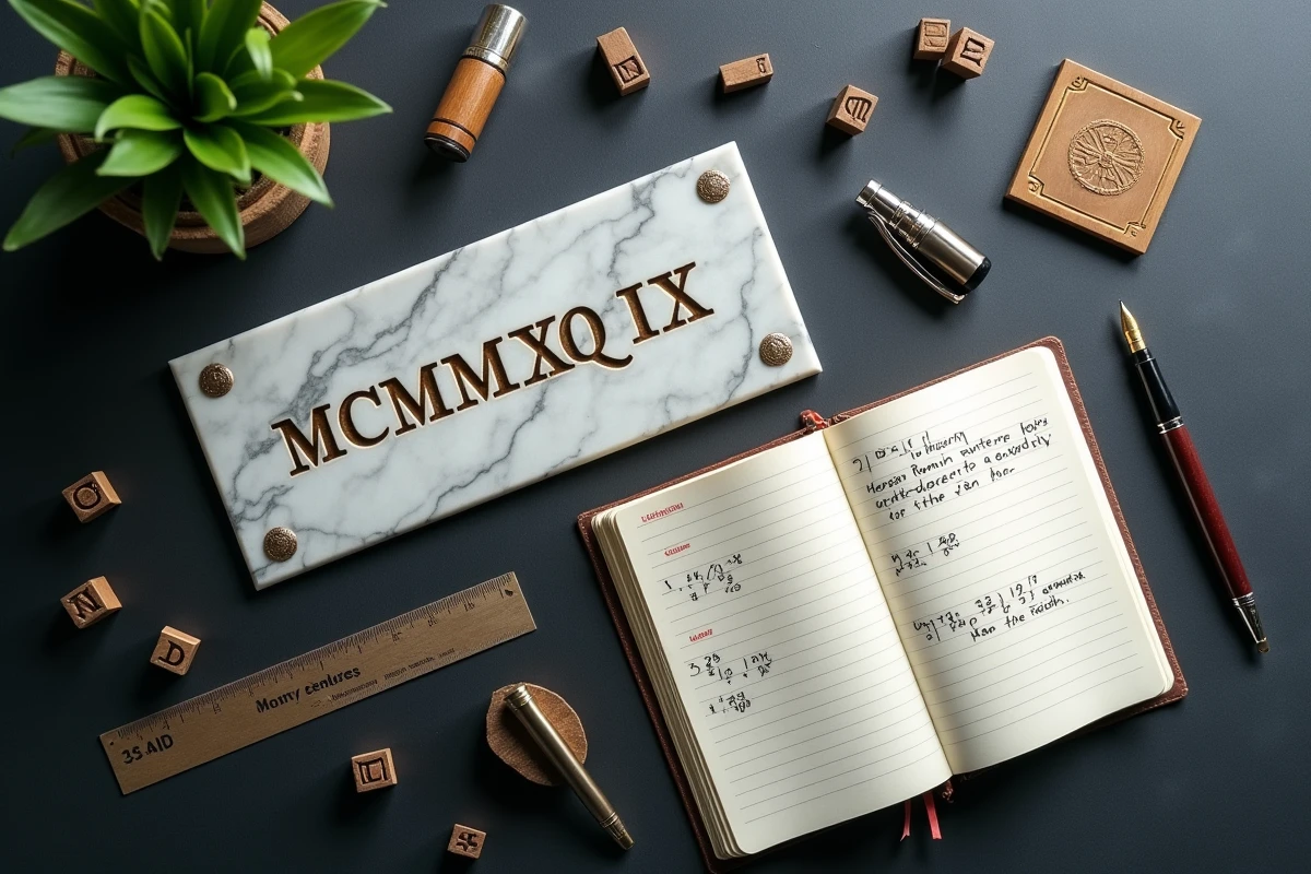 Plaque en marbre gravée de chiffres romains posée avec un carnet de conversion de dates et des tampons en laiton
