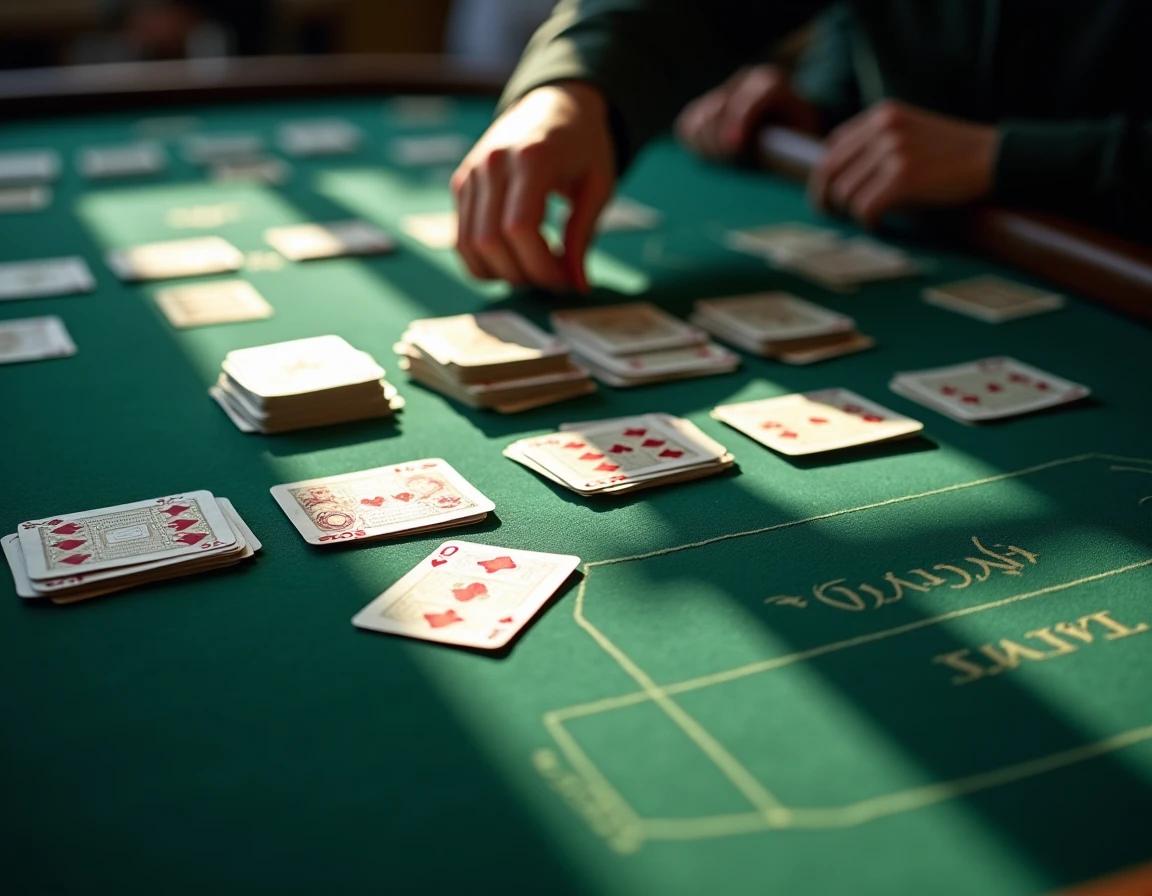 Vue aérienne détaillée d'une partie de Crapette avec les cartes disposées sur un tapis vert