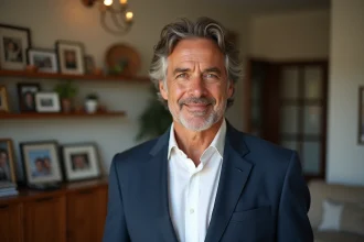 Portrait d'un homme d'origine méditerranéenne dans un intérieur chaleureux entouré de photos de famille, évoquant les racines familiales de Jean-Luc Reichmann