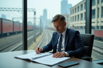 Professionnel en costume marine examinant un contrat ferroviaire IRIS02 dans une salle de réunion avec vue sur un chantier ferroviaire