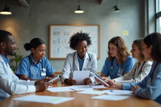 Professionnels de santé en réunion dans un bureau moderne