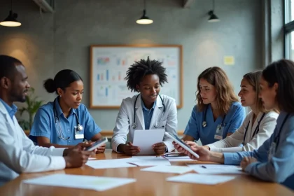 Professionnels de santé en réunion dans un bureau moderne