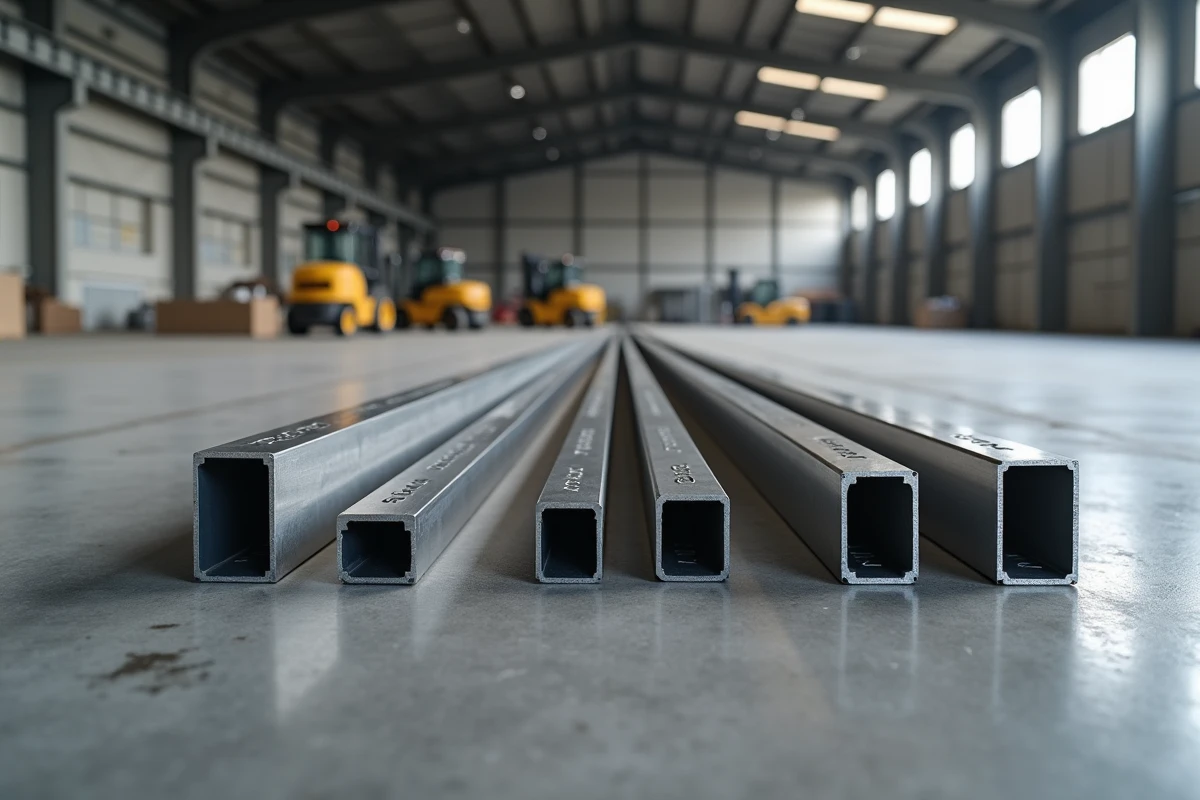 Profils en acier inoxydable 304L et 316L de différentes formes disposés sur béton dans un entrepôt industriel