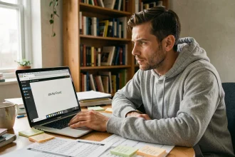 Homme cherchant la nouvelle adresse de foutoutici sur son ordinateur portable avec une erreur 404 affichée