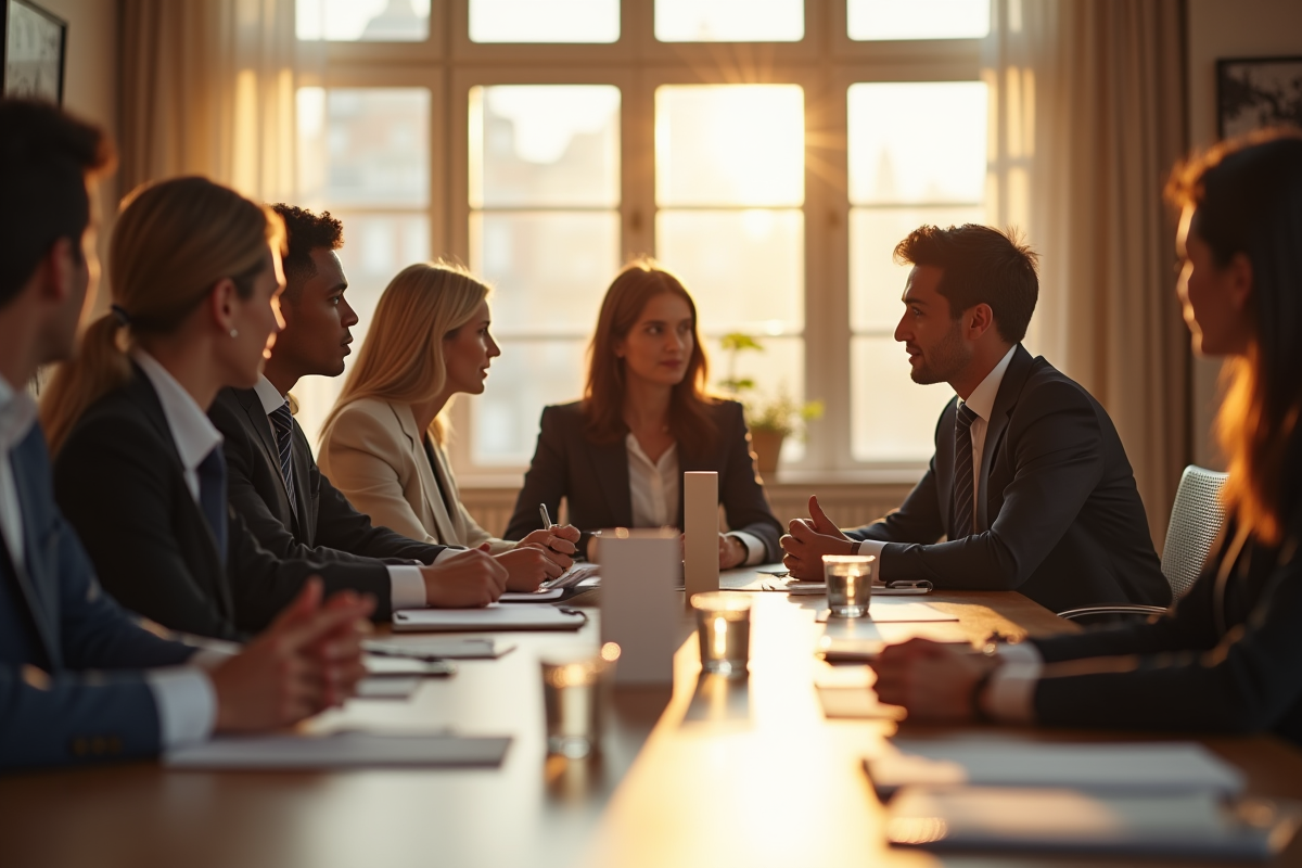 Groupe de professionnels en réunion autour d une table ensoleillee