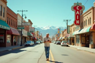 Vue d'une rue principale de Reno au Nevada avec casinos et enseignes néon vintage sous un ciel bleu