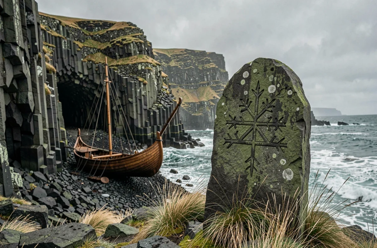 Runestone viking gravé du symbole vegvísir sur une falaise de basalte islandaise avec réplique de drakkar en arrière-plan