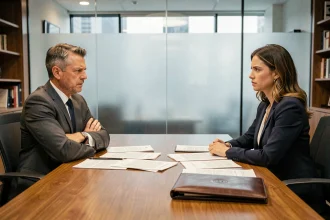 Deux professionnels en rupture de négociation contractuelle autour d'une table de réunion avec des documents juridiques éparpillés