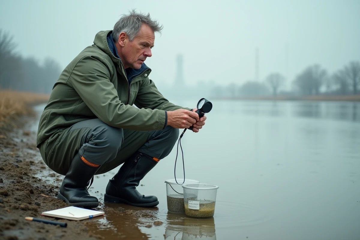 Scientifique mesurant le niveau d'eau du Danube avec des équipements de terrain, étudiant l'impact climatique sur le débit et la longueur du fleuve