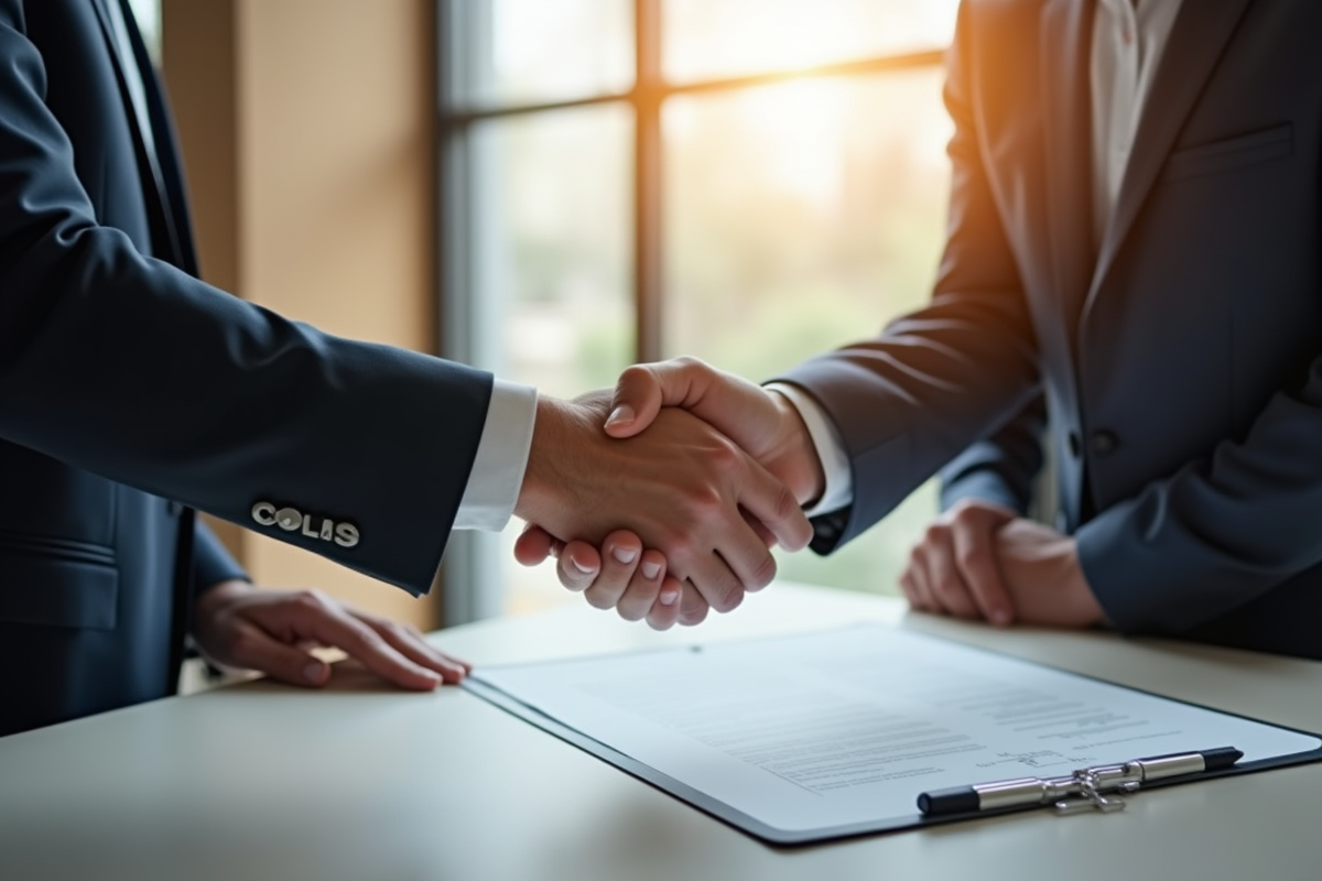 Deux professionnels se serrant la main sur un contrat civil moderne