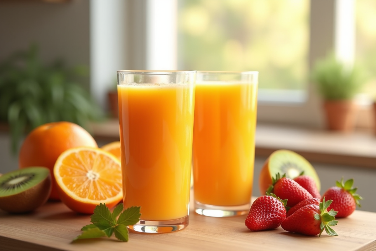 Smoothie orange vibrant entouré de fruits frais