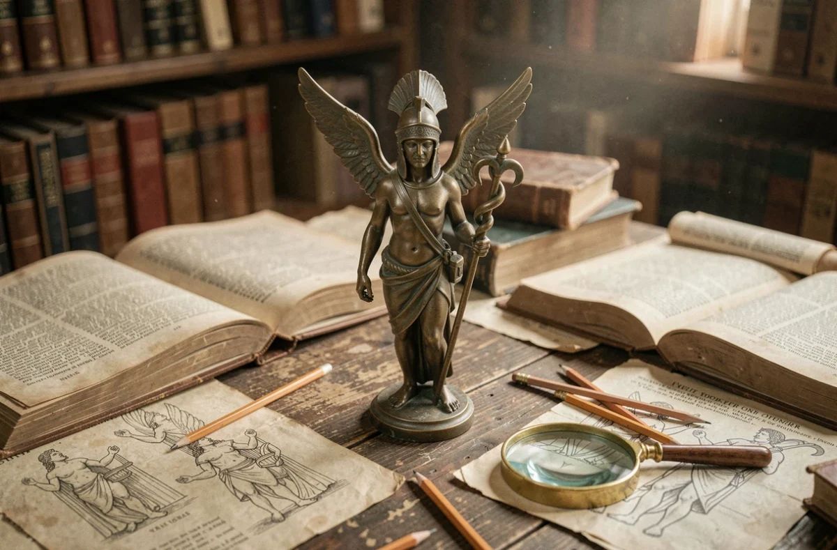 Statuette en bronze d'Hermès sur un bureau d'érudit entouré de livres d'histoire ancienne et de croquis mythologiques