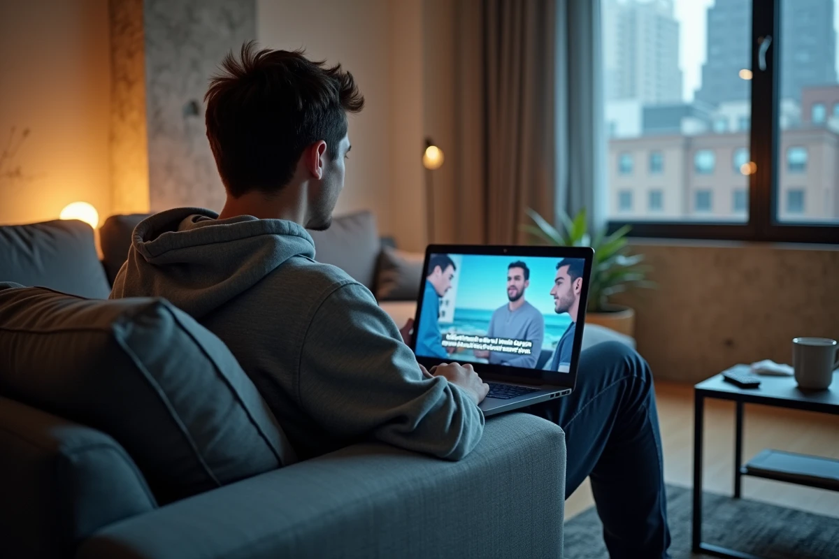 Jeune homme regardant un site de streaming sur son ordinateur portable dans un appartement urbain moderne