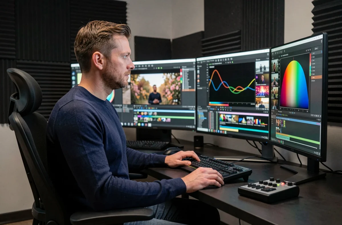 Monteur vidéo de Studio Le Carré travaillant à l'étalonnage sur une station de post-production professionnelle dans un studio sombre et acoustique